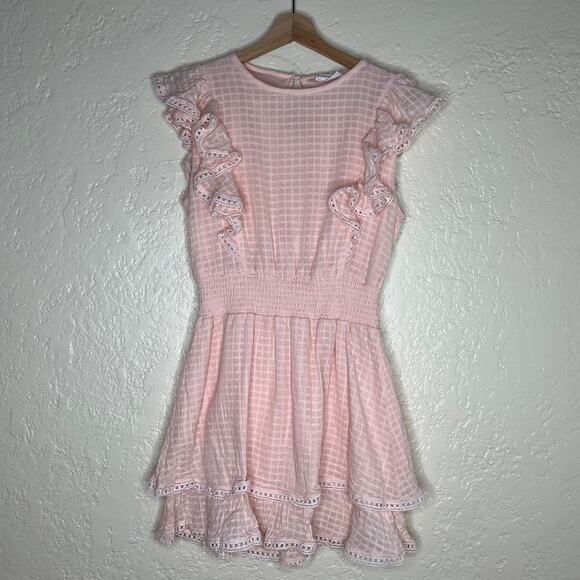 SAGE Women's Pink Lace Cap Sleeve Jewel Neck Short Fit & Flare Dress Size Small - Picture 1 of 7